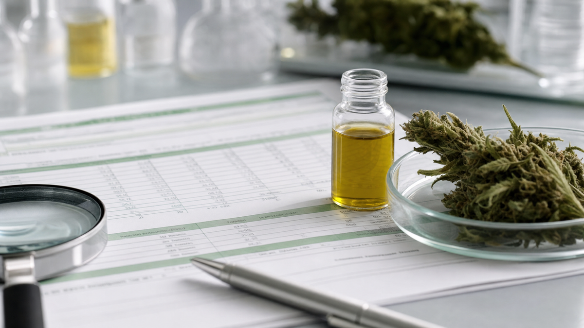 Certificat d’analyse de laboratoire à côté d’une fleur de chanvre et d’une fiole d’extrait CBD Image