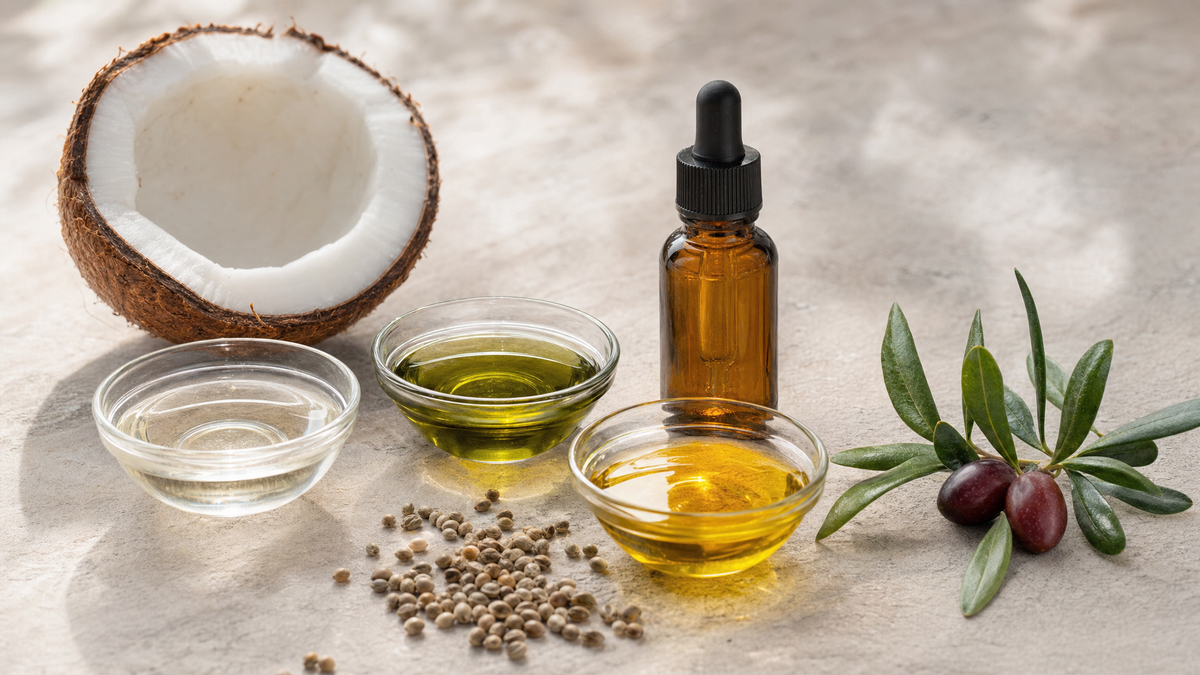 Huiles de support MCT, chanvre et olive à côté d’un flacon compte-gouttes d’huile CBD Image