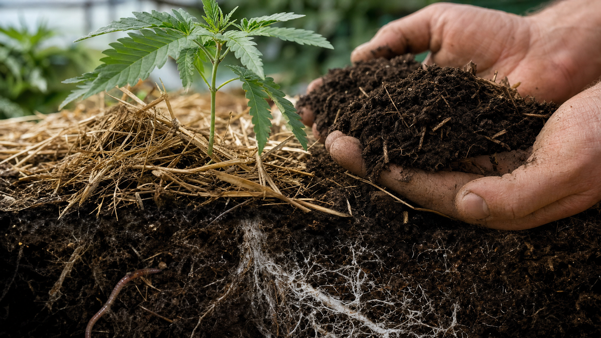 Jeune plant de chanvre cultivé dans un sol vivant riche en matière organique