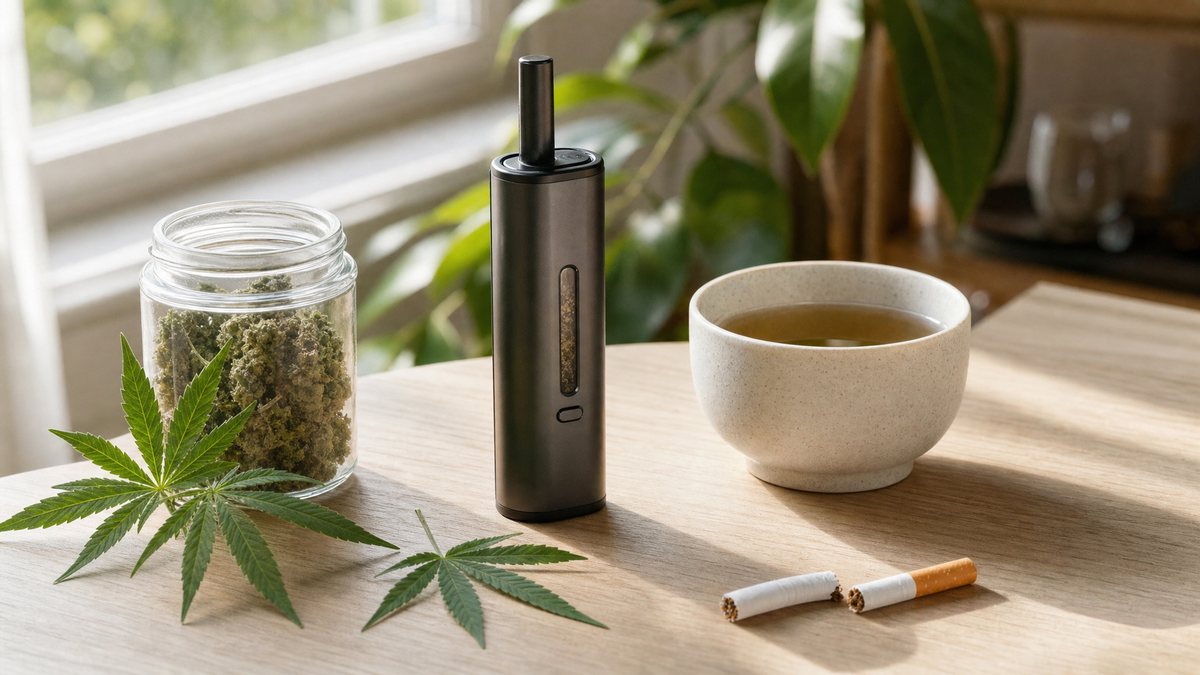 Vaporisateur à herbes sèches et bocal de fleurs de chanvre à côté d’une cigarette cassée en deux Image