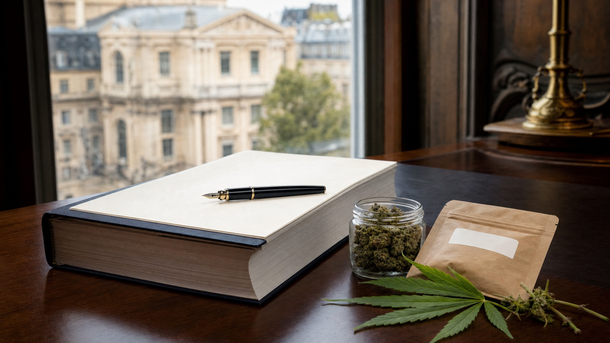 Proposition de loi posée sur un bureau à côté d’un bocal de fleurs de chanvre et d’un sachet kraft étiqueté